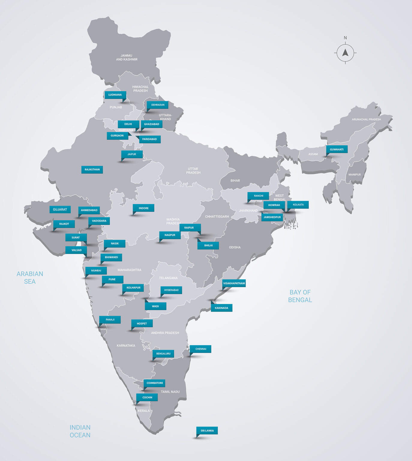 India vector map with infographic elements, pointer marks. Editable template with regions, cities and capital Delhi.